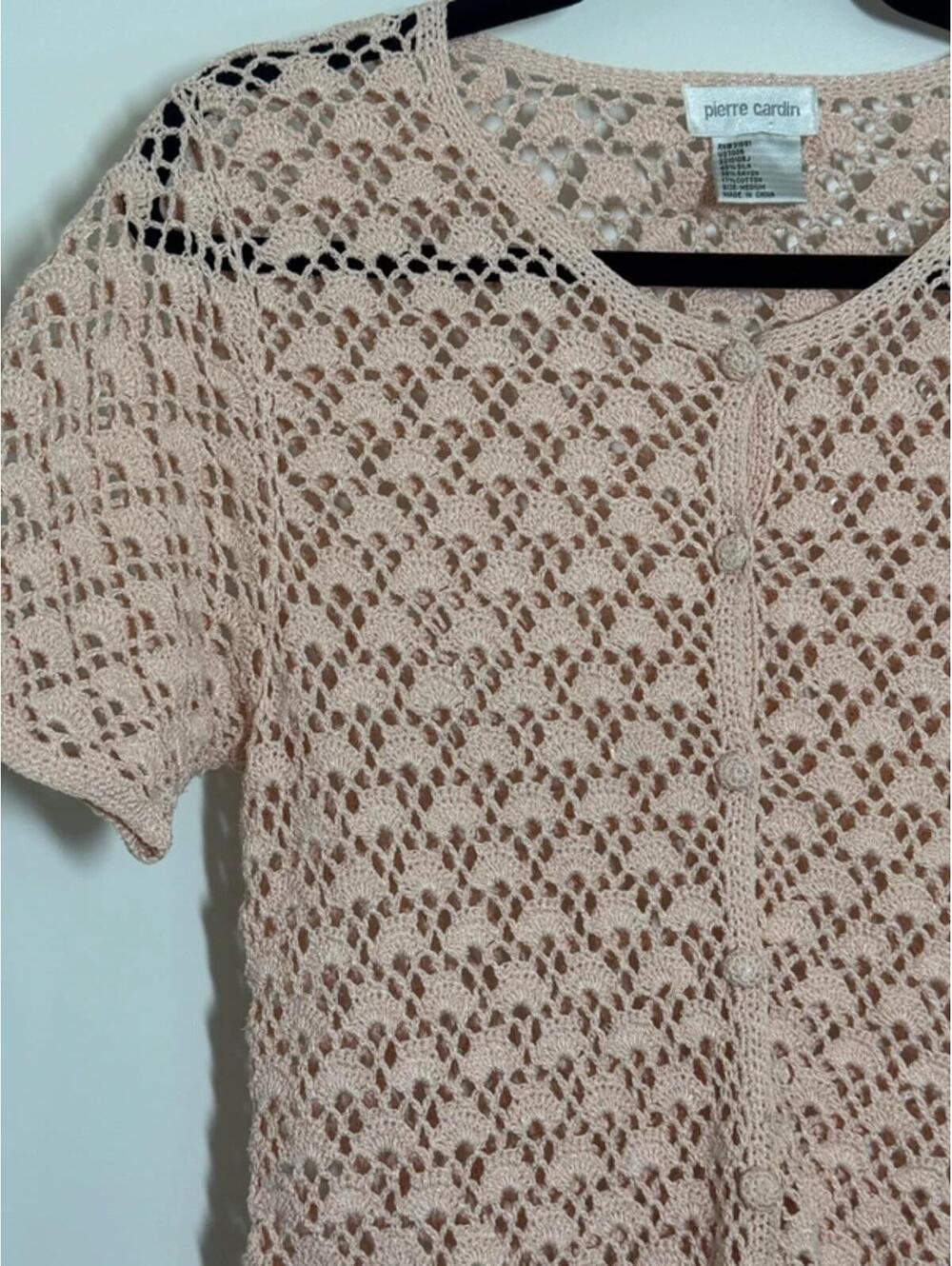 Pierre Cardin Silk Blend Crochet Cardigan Top Beige Size M Vintage - Picture 5 of 8